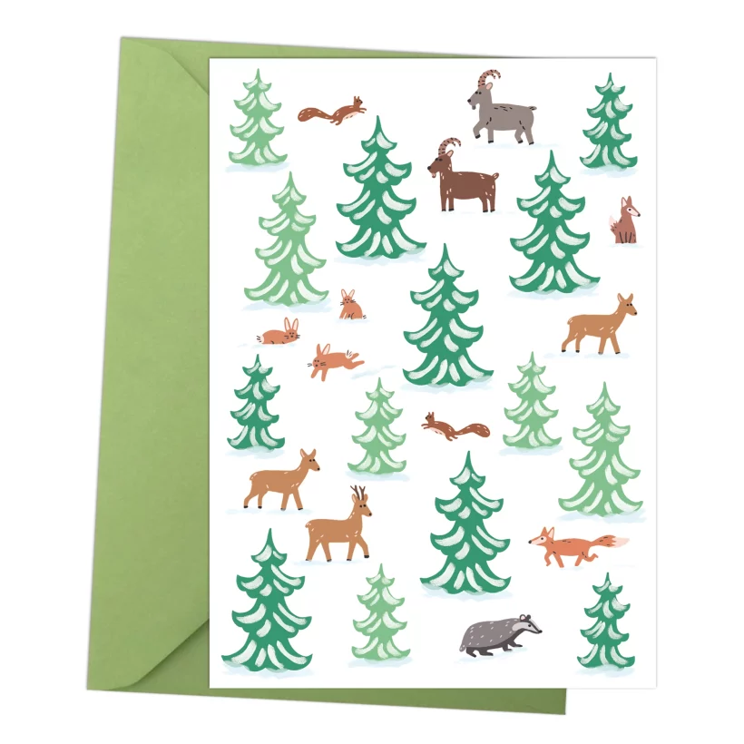 Greeting card cute animal forest winter