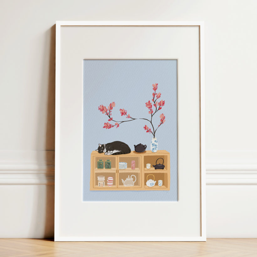 Print illustration Cat, Teapot & Teacups Japan lilac Manon Richard